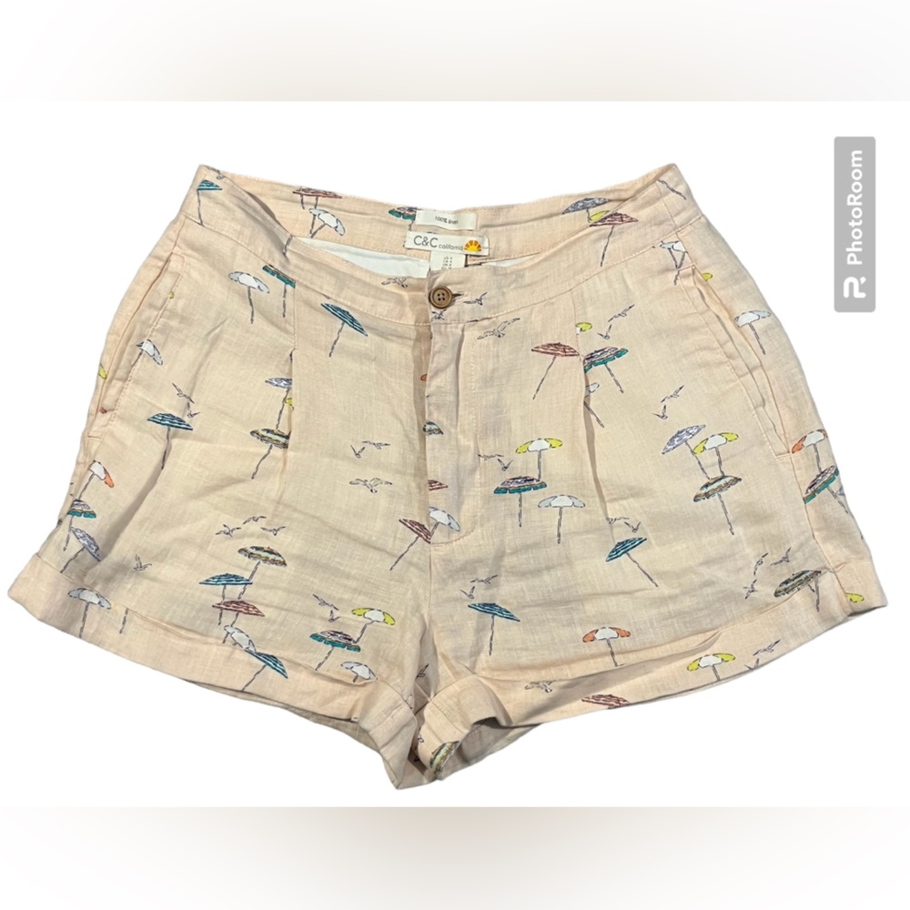 C&C California 100% Linen Beach Themed Shorts High Rise Size 4 Summer Vacation